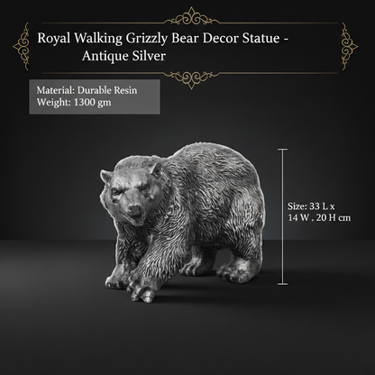 Royal Walking Grizzly Bear Decor Statue - Antique Silver