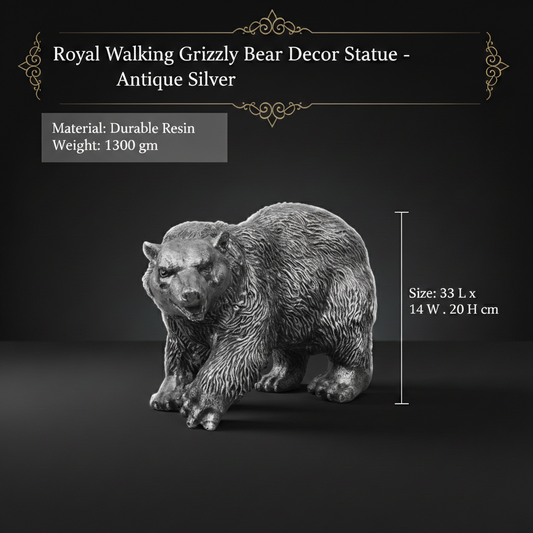 Royal Walking Grizzly Bear Decor Statue - Antique Silver