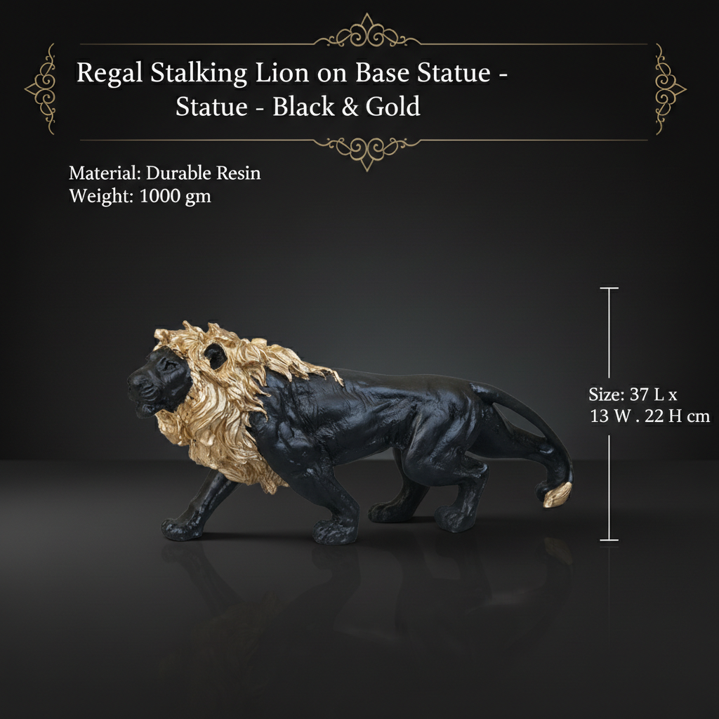 Regal Stalking Lion on Base Statue - Black & Gold