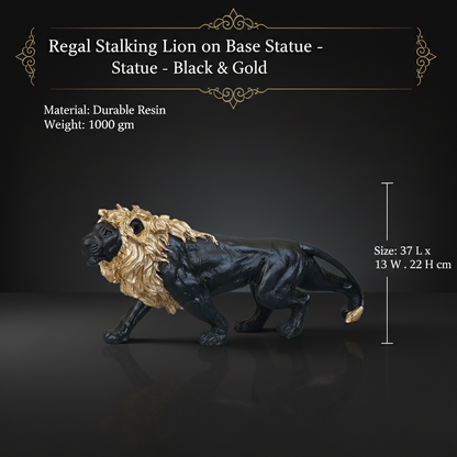 Regal Stalking Lion on Base Statue - Black & Gold