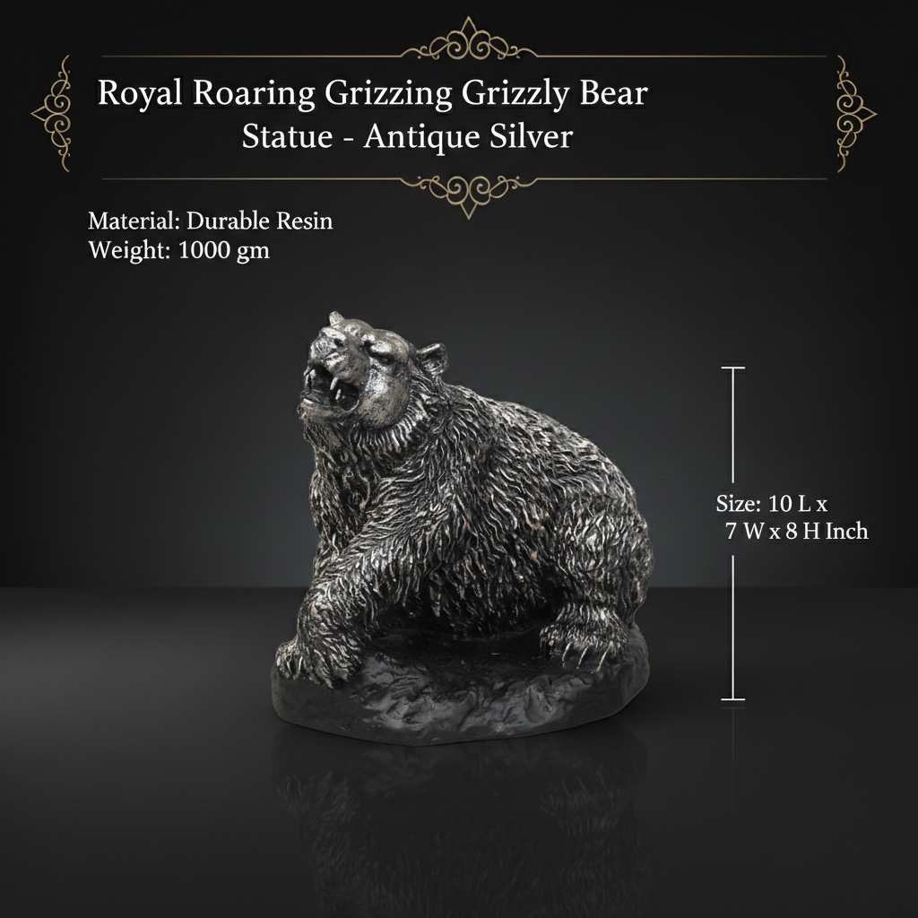 Royal Roaring Grizzly Bear Statue - Antique Silver