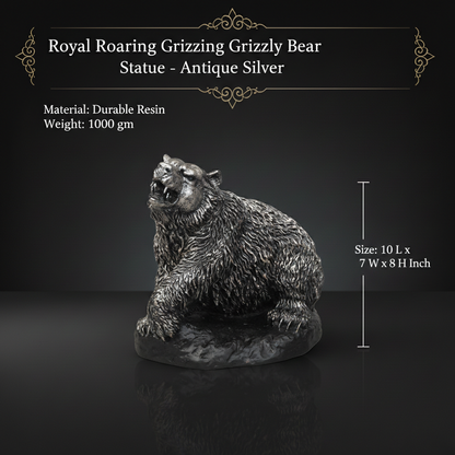 Royal Roaring Grizzly Bear Statue - Antique Silver